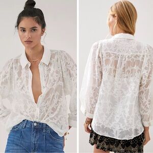 Anthropologie Forever That Girl Embroidered Lace Buttondown Medium White Sheer